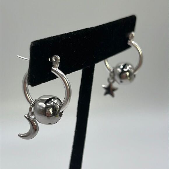 Silver-Plated Tiny Hoop Earrings with Silver-Tone Beads and Moon & Star Charms - Picture 1 of 10